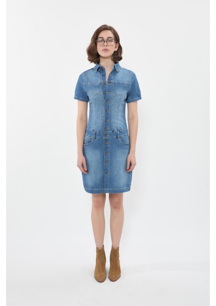 Kadın Boydan Düğmeli Jean Elbise