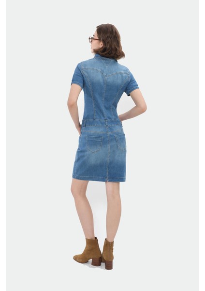Kadın Boydan Düğmeli Jean Elbise