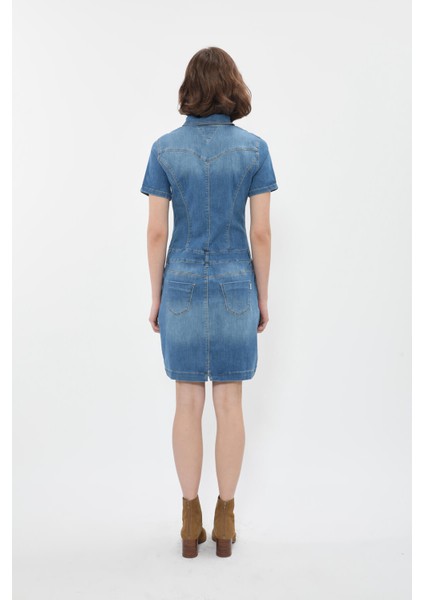Kadın Boydan Düğmeli Jean Elbise