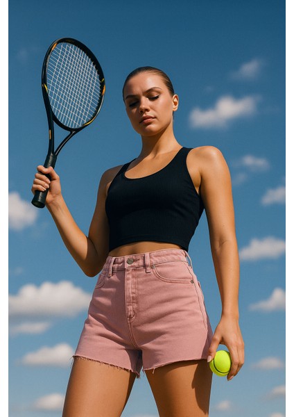 Kadın Yüksek Bel Paçası Kesik Jean Şort Gül Kurusu indirimleri