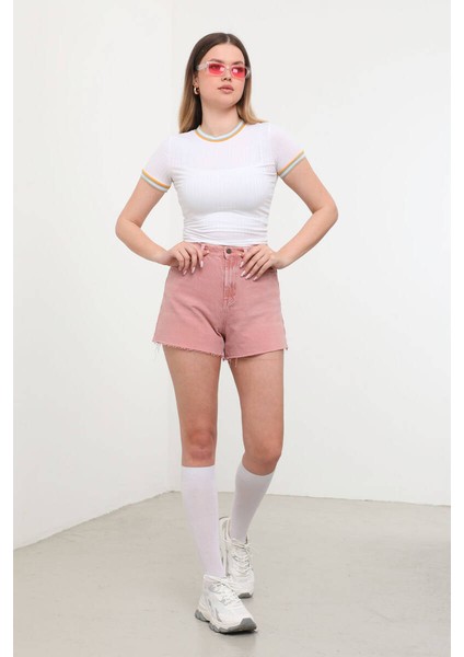Kadın Yüksek Bel Paçası Kesik Jean Şort Gül Kurusu