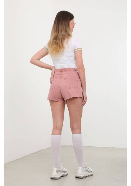 Kadın Yüksek Bel Paçası Kesik Jean Şort Gül Kurusu