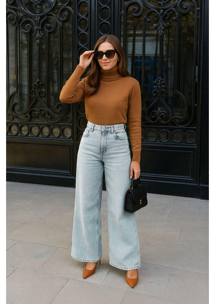 Kadın Buz Mavi Bol Paça Uzun Jean Pantolon