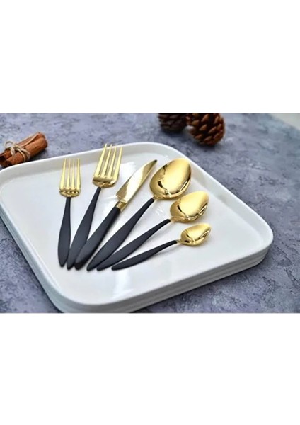 6 Adet Gold Dine Siyah Saplı Tatlı Kaşığı Paslanmaz Çelik 18/10