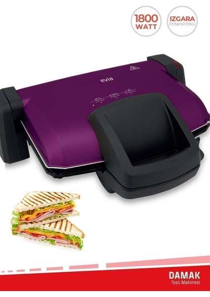Mor 1800W Ayarlı Tost ve Izgara Makinesi, Çıkarılabilir Plakalar