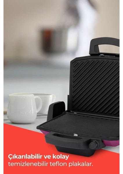 Mor 1800W Ayarlı Tost ve Izgara Makinesi, Çıkarılabilir Plakalar