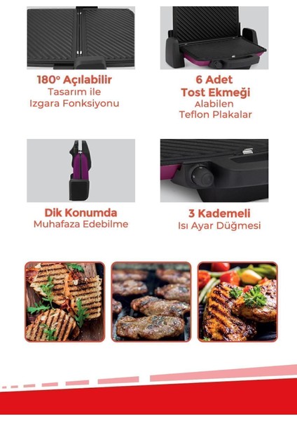Mor 1800W Ayarlı Tost ve Izgara Makinesi, Çıkarılabilir Plakalar