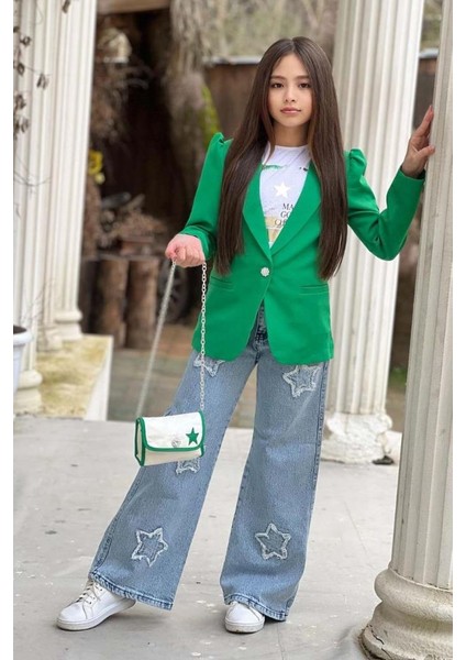 Kız Çocuk Baskılı T-Shirt Bol Kesim Yıldız Detaylı Jean Pantolon Yeşil Blazer Ceket Alt Üst Takım