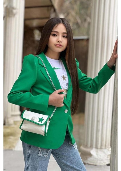 Kız Çocuk Baskılı T-Shirt Bol Kesim Yıldız Detaylı Jean Pantolon Yeşil Blazer Ceket Alt Üst Takım fiyatları