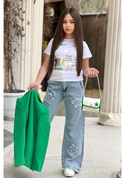 Kız Çocuk Baskılı T-Shirt Bol Kesim Yıldız Detaylı Jean Pantolon Yeşil Blazer Ceket Alt Üst Takım modelleri