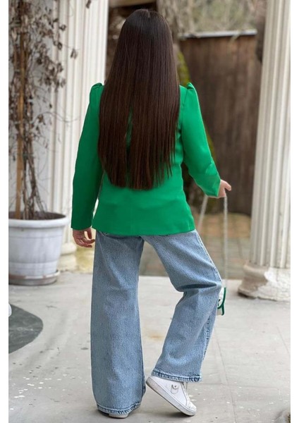Kız Çocuk Baskılı T-Shirt Bol Kesim Yıldız Detaylı Jean Pantolon Yeşil Blazer Ceket Alt Üst Takım fırsatları
