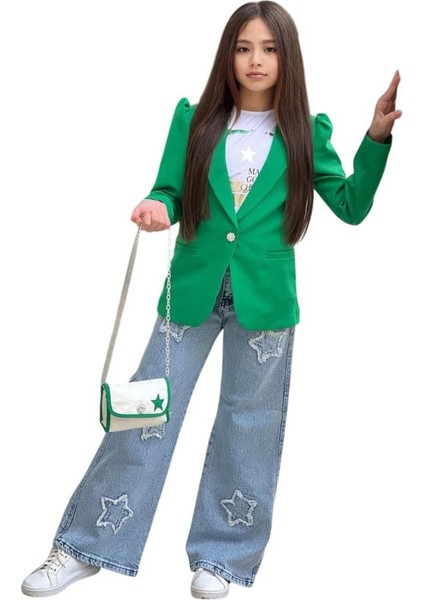 Kız Çocuk Baskılı T-Shirt Bol Kesim Yıldız Detaylı Jean Pantolon Yeşil Blazer Ceket Alt Üst Takım indirimleri