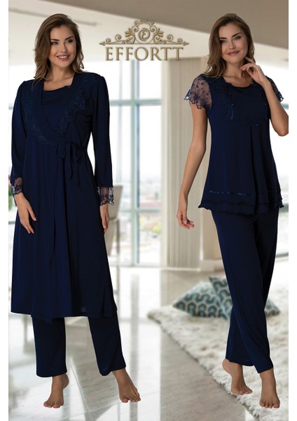 Dantel Detaylı Çift Düğmeli Pijama Sabahlık Takımı