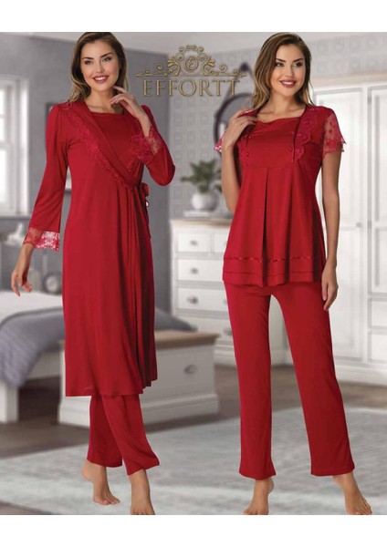 Dantel Detaylı Çift Düğmeli Pijama Sabahlık Takımı