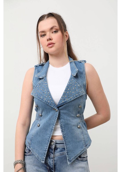 Kadın Taşlı Slim Fit Yelek