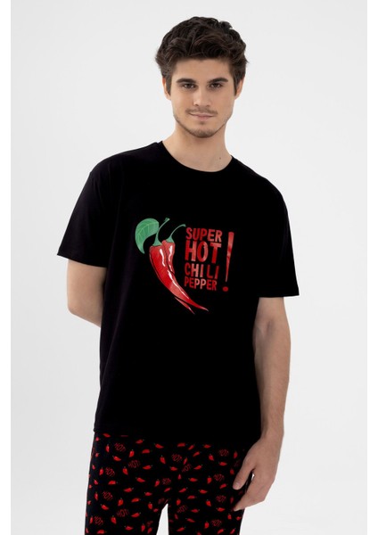 Erkek Pamuklu Kısa Kollu Chilli Baskılı Cep Detaylı Pijama Takımı
