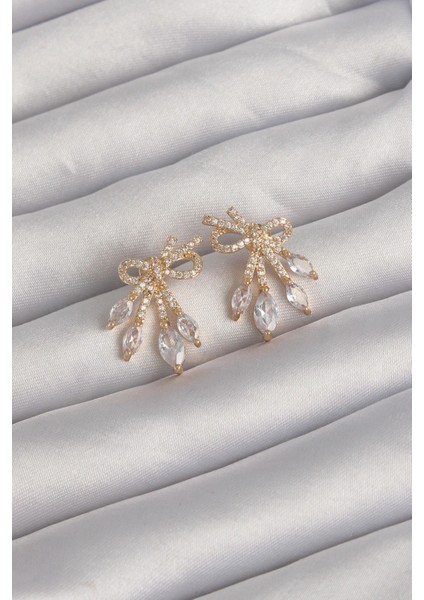 Pirinç Gold Renk Zirkon Taşlı Fiyonk Küpe - TJ-BKP9293