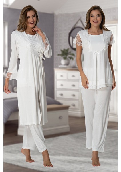 Dantel Detaylı Çift Düğmeli Pijama Sabahlık Takımı