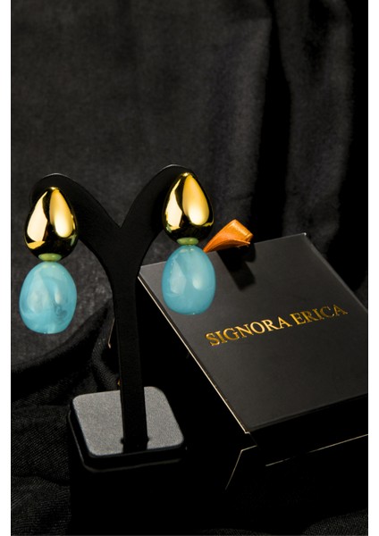 Mavi Mermer Taşlı Damla Model Şişme Kadın Çelik Görünümlü Xp Küpe