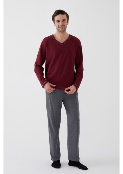 Erkek Pamuklu Uzun Kollu Ara Biyeli Cep Detaylı Pijama Takımı