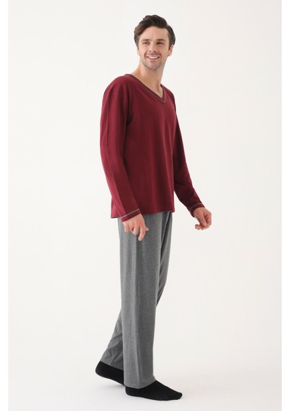 Erkek Pamuklu Uzun Kollu Ara Biyeli Cep Detaylı Pijama Takımı