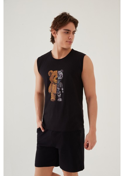 Erkek Pamuklu Sıfır Kollu Baskı Detaylı Şortlu Pijama Takımı