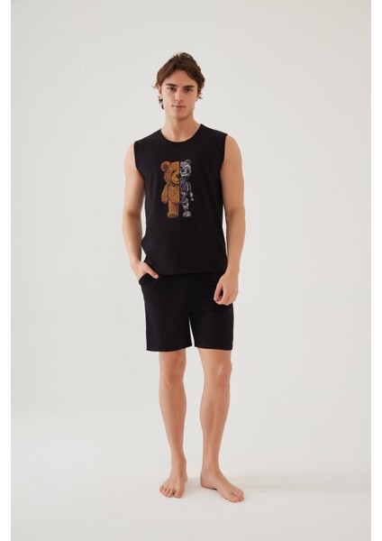 Erkek Pamuklu Sıfır Kollu Baskı Detaylı Şortlu Pijama Takımı