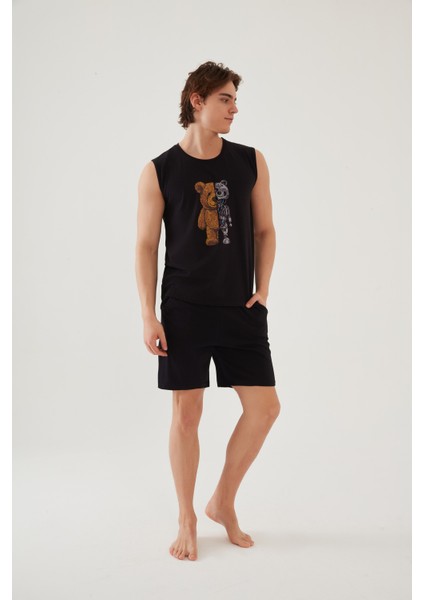 Erkek Pamuklu Sıfır Kollu Baskı Detaylı Şortlu Pijama Takımı