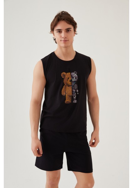 Erkek Pamuklu Sıfır Kollu Baskı Detaylı Şortlu Pijama Takımı