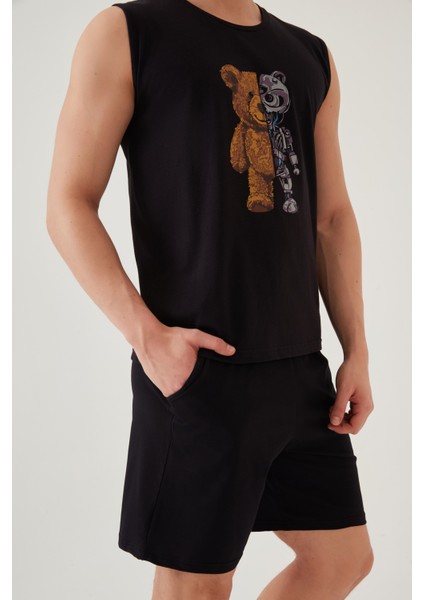 Erkek Pamuklu Sıfır Kollu Baskı Detaylı Şortlu Pijama Takımı