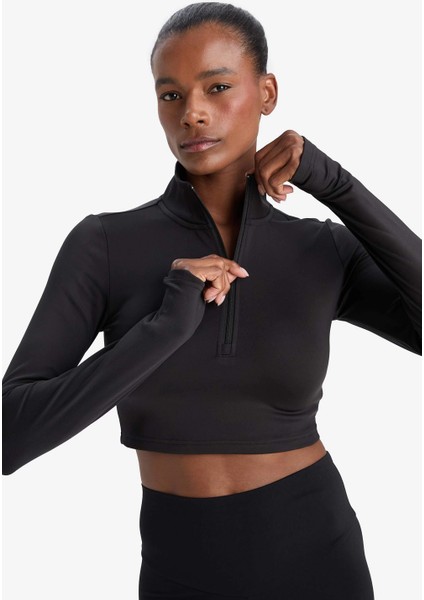 W0343 Siyah Defactofit Slim Fit Dar Kesim Fermuarlı Dik Yaka Içi Yumuşak Tüylü Esnek Kumaş Uzun Kollu Tişört