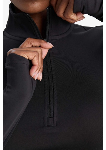 W0343 Siyah Defactofit Slim Fit Dar Kesim Fermuarlı Dik Yaka Içi Yumuşak Tüylü Esnek Kumaş Uzun Kollu Tişört indirimleri