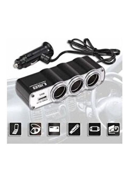 Oto Çakmak Çoklayıcı USB Çakmaklık 3 Soketli ve 1 USB Girişi ile 12x3x4 cm Boyutunda