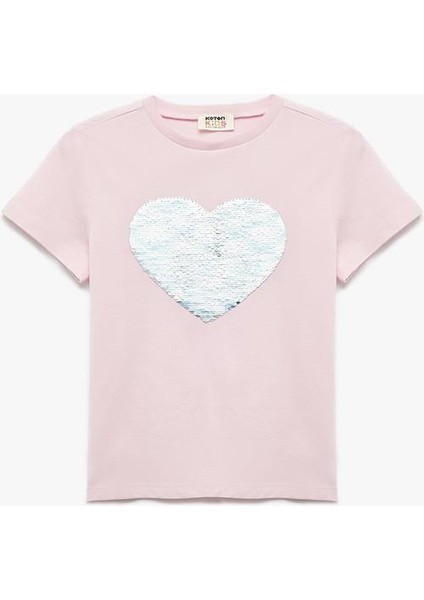 Pamuklu Kalp Desenli Pullu Payetli Kısa Kollu Bisiklet Yaka Tişört fırsatları