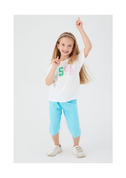 Round Font Color Beyaz Kız Çocuk Kapri Takım