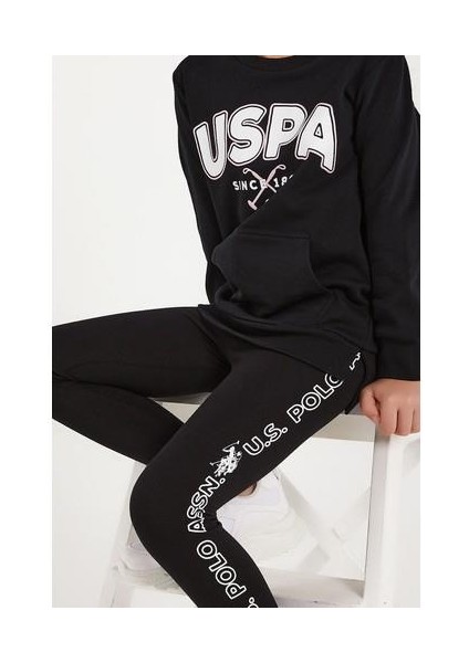 Lisanslı Siyah Kız Çocuk Kanguru Cepli Tayt Takım