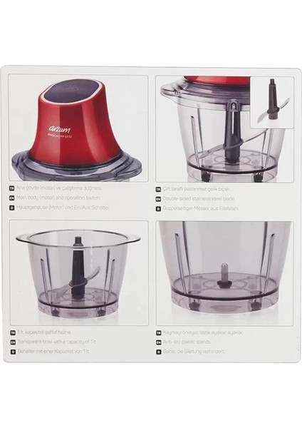 600 W Doğrayıcı, 1 L Hazne, Kırmızı, Çok Renkli, Pratik ve Şık Tasarım