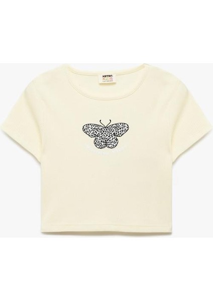 Kelebek Baskılı Kısa Kollu Bisiklet Yaka Pamuklu Tişört fırsatları