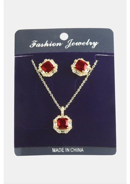 Allzey Kare Zirkon Taşlı Set Kolye-Kırmızı fiyatları