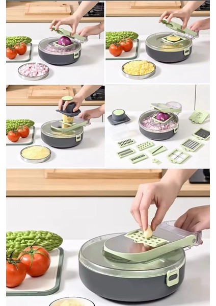 Yeşil Çok Amaçlı Sebze ve Meyve Kesici 9'lu Çok Fonksiyonlu Mutfak Aleti