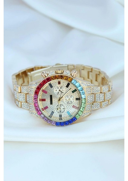 Clariss Trend Gold Metal Kordonlu Zirkon Taş Kaplama Renkli Taşlı Kasa Tasarımlı Lüx Kadın Kol Saati fiyatları