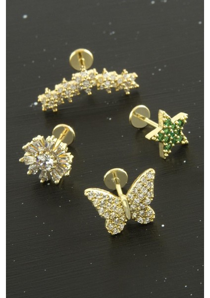 Allzey Tragus Zirkon Taşlı Piercing 1 Adet-Gümüş Rengi