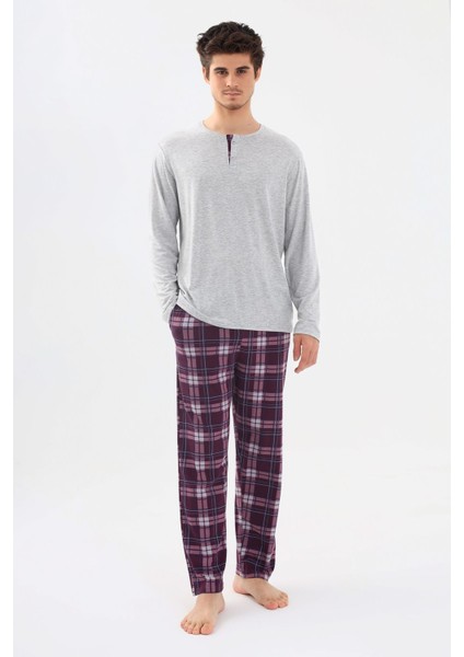 Erkek Pamuklu Uzun Kollu Önü Patlı Ekose Desenli Pijama Takımı