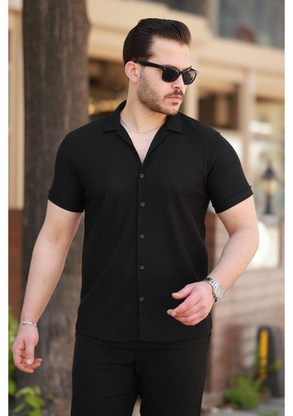 Erkek Ottoman Kumaş Apaj Yaka Kısa Kollu Gömlek