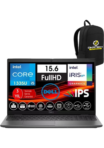 Nb Latıtude Intel I5-1335U 24 GB 512 SSD Intel Iris x 15.6” W11PRO Notebook + Okatech Çanta