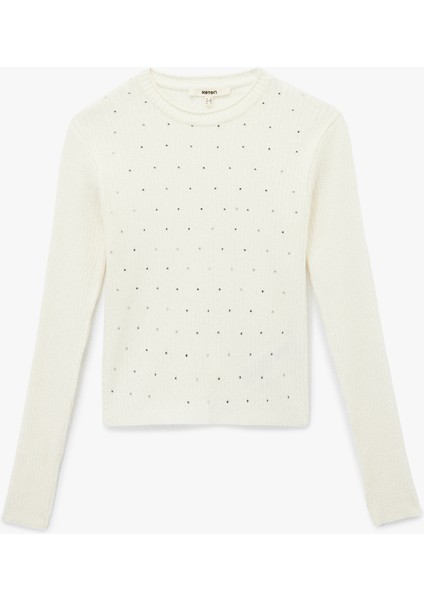 Uzun Kollu Bisiklet Yaka Taşlı Triko Kazak