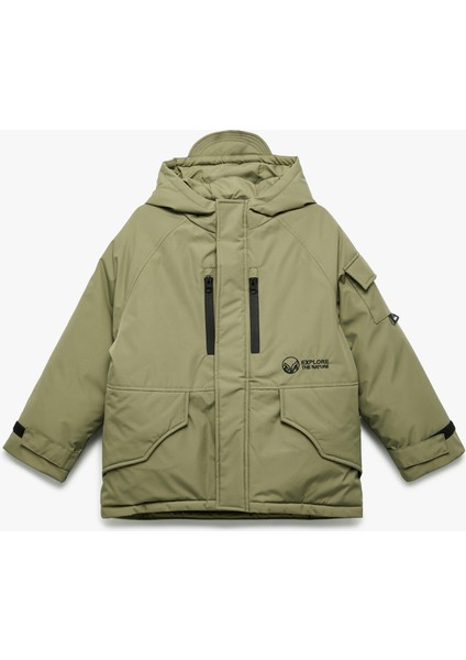 Uzun Kollu Fermuarlı Cepli Kapşonlu Mont