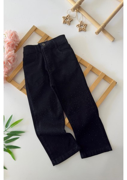 Taşlı Kız Çocuk Kot pantolon - Siyah