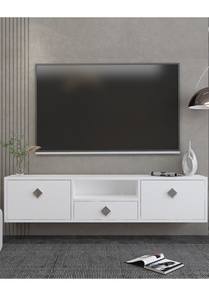 1305DROPCT-1 Duvara Montaj Tv Sehpası Beyaz-Gümüş Kulp