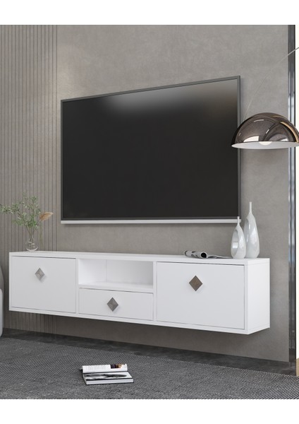 1305DROPCT-1 Duvara Montaj Tv Sehpası Beyaz-Gümüş Kulp